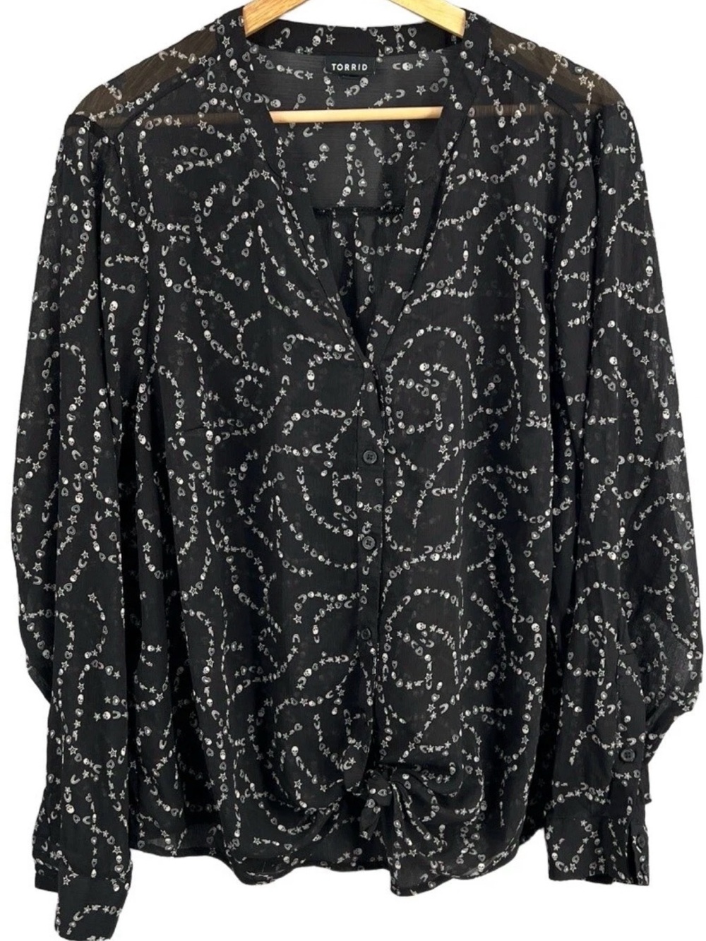 TORRID Sheer Black Blouse gothic skull star heart moon print. 00